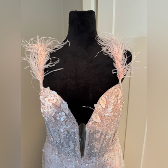 New | MAC DUGGAL
Pink Sheer Bustier Gown with Feather Straps | 10 | 20889 - Picture 4 of 8